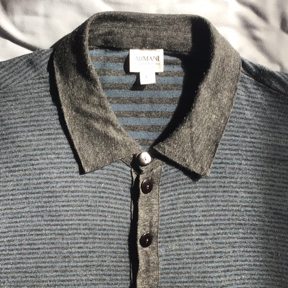 Armani Collezioni Polo, size L, gray and bluish striped polo